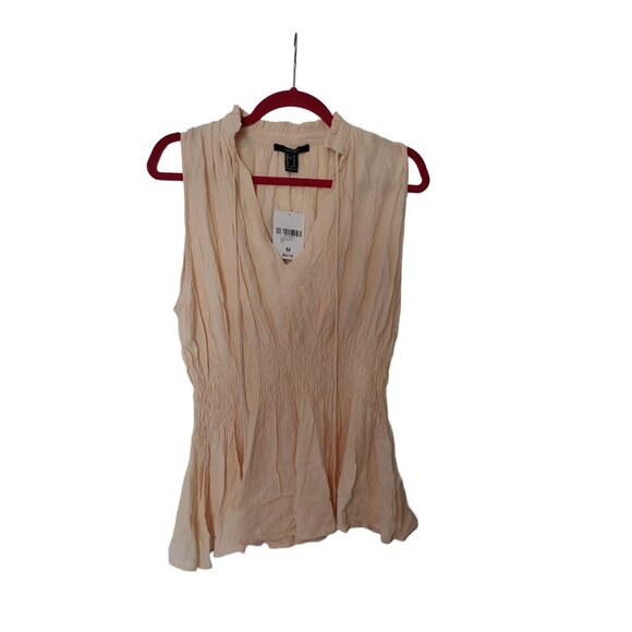 Forever 21 Womens Beige Sleeveless Woven Top With Smocked Waist & V-Neck - Size - Picture 1 of 4
